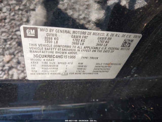 Продажа на аукционе авто 2017 Chevrolet Silverado 1500 1lt, vin: 3GCUKREC4HG151966, номер лота: 46211160