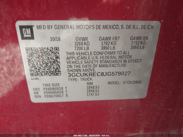 Aukcja sprzedaży 2018 Chevrolet Silverado 1500 2lt, vin: 3GCUKREC8JG579027, numer aukcji: 46211165