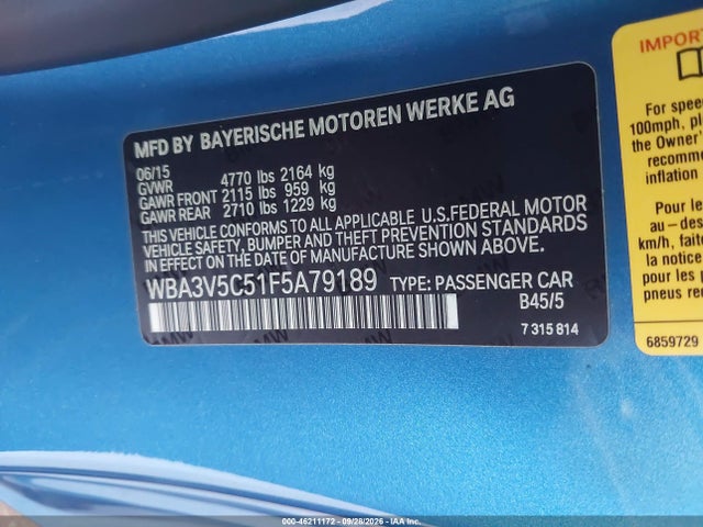 46211172 :رقم المزاد ، WBA3V5C51F5A79189 vin ، 2015 Bmw 428i مزاد بيع