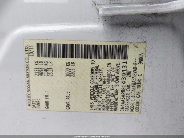 46211208 :رقم المزاد ، 1N4AA5AP8EC439131 vin ، 2014 Nissan Maxima 3.5 Sv مزاد بيع
