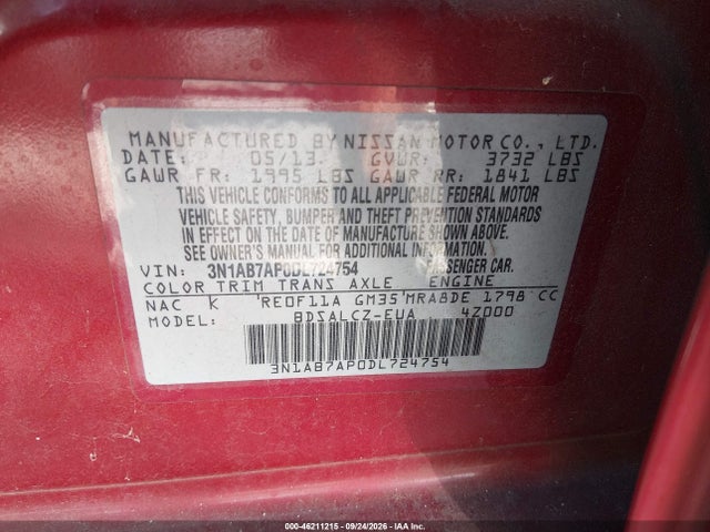 2013 Nissan Sentra S მანქანა იყიდება აუქციონზე, vin: 3N1AB7AP0DL724754, აუქციონის ნომერი: 46211215