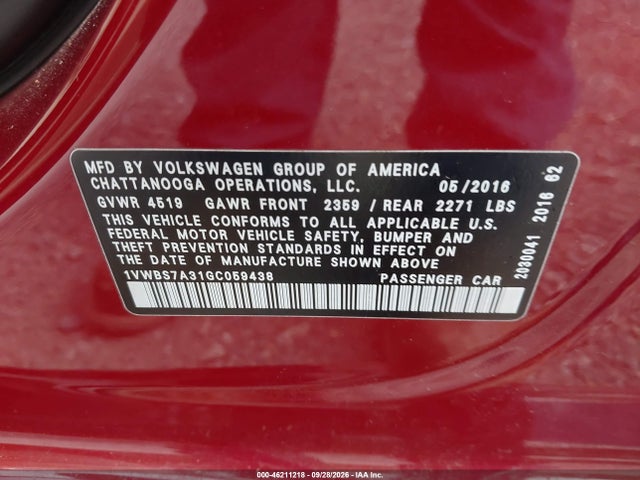2016 Volkswagen Passat 1.8t Se მანქანა იყიდება აუქციონზე, vin: 1VWBS7A31GC059438, აუქციონის ნომერი: 46211218