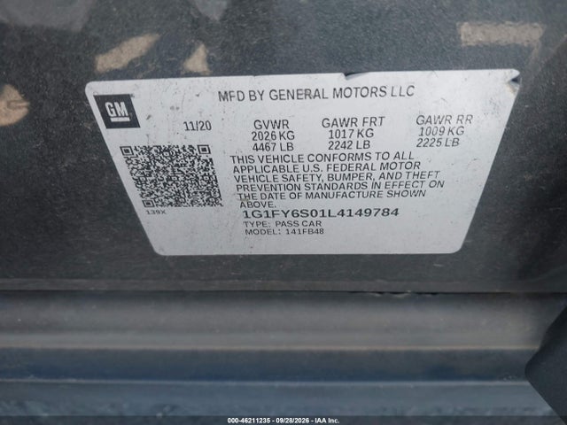 46211235 :رقم المزاد ، 1G1FY6S01L4149784 vin ، 2020 Chevrolet Bolt Ev Fwd Lt مزاد بيع