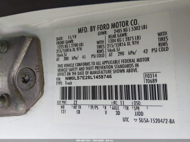 2020 Ford Transit Connect Xl მანქანა იყიდება აუქციონზე, vin: NM0LS7E28L1458746, აუქციონის ნომერი: 46211241