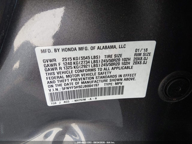 Продаж на аукціоні авто 2018 Honda Pilot Touring, vin: 5FNYF5H92JB004197, номер лоту: 46211253
