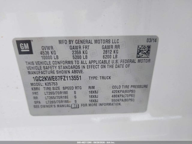 Aukcja sprzedaży 2015 Chevrolet Silverado 2500hd Ltz, vin: 1GC2KWE87FZ113551, numer aukcji: 46211260