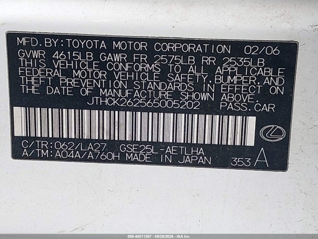 Aukcja sprzedaży 2006 Lexus Is 250, vin: JTHCK262565005202, numer aukcji: 46211267