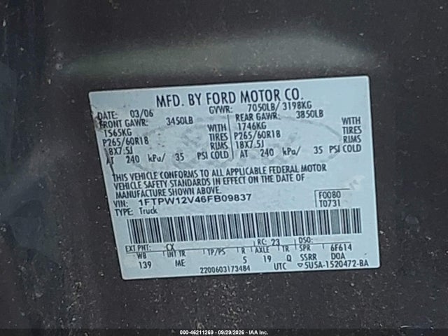 Aukcja sprzedaży 2006 Ford F-150 Lariat/xlt, vin: 1FTPW12V46FB09837, numer aukcji: 46211269