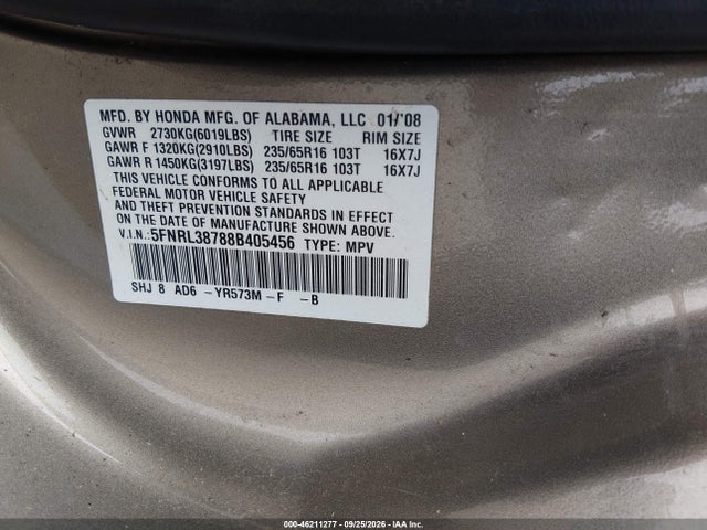 46211277 :رقم المزاد ، 5FNRL38788B405456 vin ، 2008 Honda Odyssey Ex-l مزاد بيع