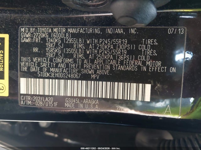 46211282 :رقم المزاد ، 5TDDK3EH0DS248067 vin ، 2013 Toyota Highlander Limited V6 مزاد بيع