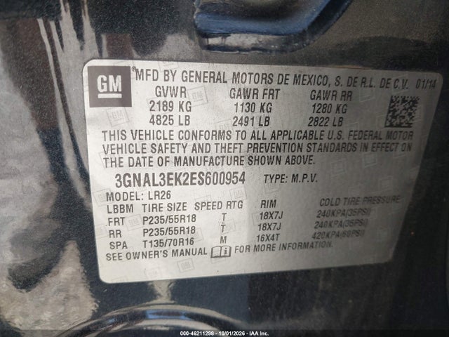 Продажа на аукционе авто 2014 Chevrolet Captiva Sport Lt, vin: 3GNAL3EK2ES600954, номер лота: 46211298