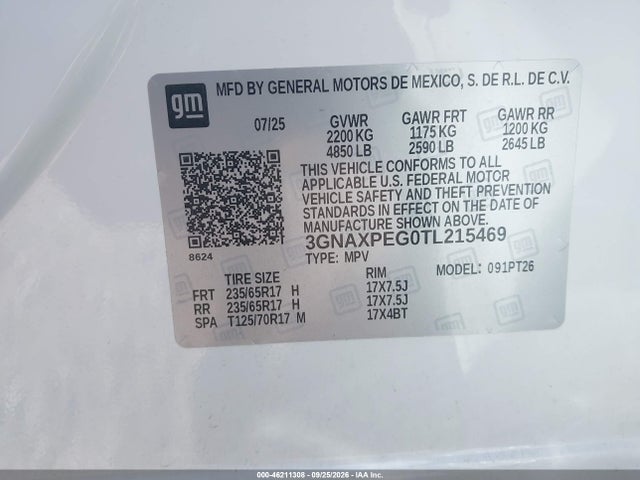 46211308 :رقم المزاد ، 3GNAXPEG0TL215469 vin ، 2026 Chevrolet Equinox Awd Lt مزاد بيع