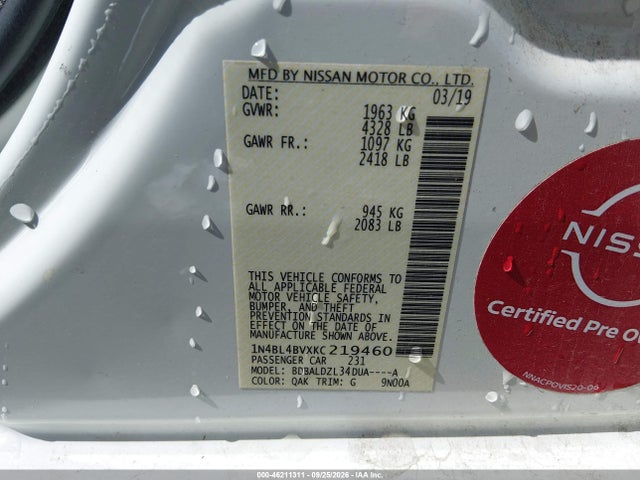 Aukcja sprzedaży 2019 Nissan Altima 2.5 S, vin: 1N4BL4BVXKC219460, numer aukcji: 46211311