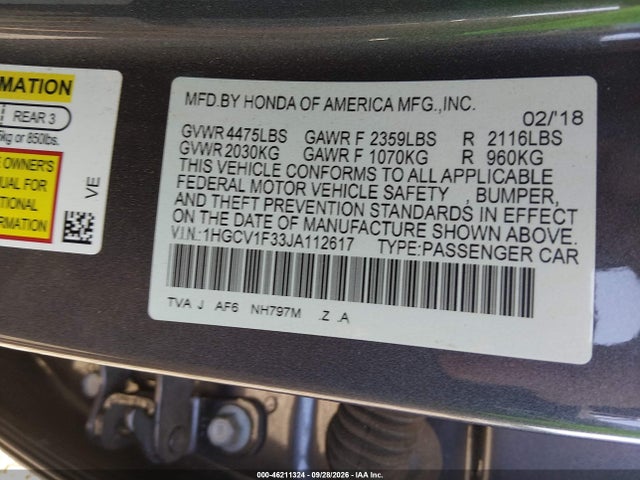 Продажа на аукционе авто 2018 Honda Accord Sport, vin: 1HGCV1F33JA112617, номер лота: 46211324