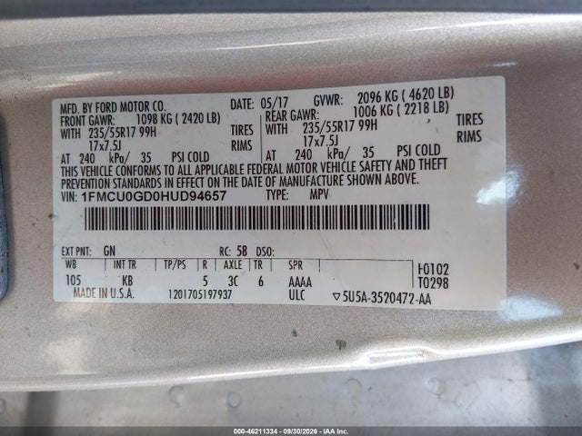 Продажа на аукционе авто 2017 Ford Escape Se, vin: 1FMCU0GD0HUD94657, номер лота: 46211334