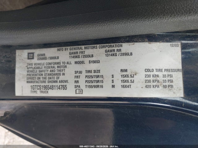 2004 Gmc Canyon Sle მანქანა იყიდება აუქციონზე, vin: 1GTCS196548114765, აუქციონის ნომერი: 46211343