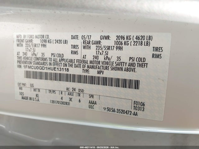 46211418 :رقم المزاد ، 1FMCU0GD1HUE13118 vin ، 2017 Ford Escape Se مزاد بيع