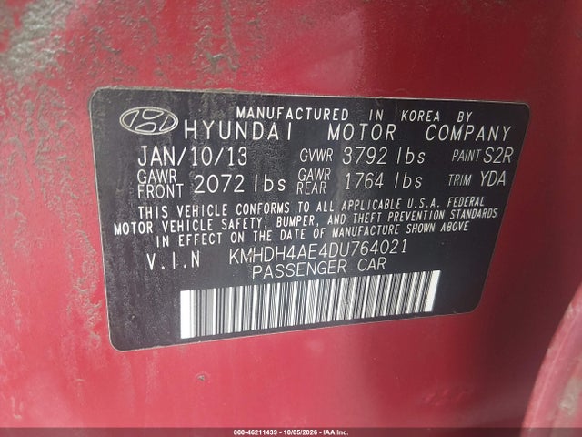 Aukcja sprzedaży 2013 Hyundai Elantra Gls, vin: KMHDH4AE4DU764021, numer aukcji: 46211439