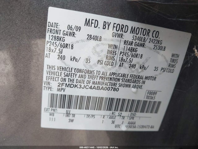 2010 Ford Edge Sel მანქანა იყიდება აუქციონზე, vin: 2FMDK3JC4ABA00780, აუქციონის ნომერი: 46211445