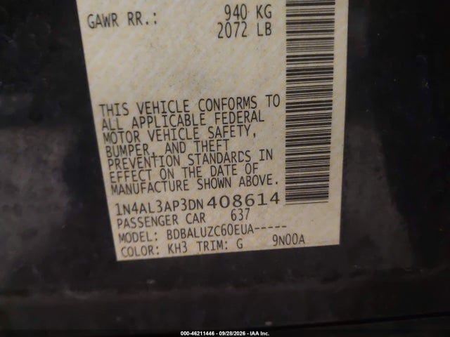 2013 Nissan Altima 2.5 Sv მანქანა იყიდება აუქციონზე, vin: 1N4AL3AP3DN408614, აუქციონის ნომერი: 46211446