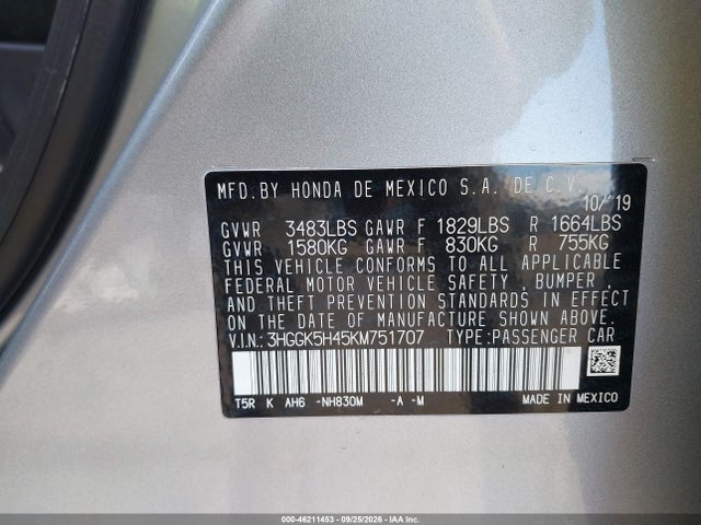 Продаж на аукціоні авто 2019 Honda Fit Lx, vin: 3HGGK5H45KM751707, номер лоту: 46211453