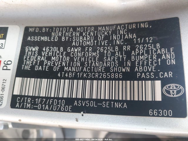 Aukcja sprzedaży 2012 Toyota Camry Le, vin: 4T4BF1FK3CR265886, numer aukcji: 46211454