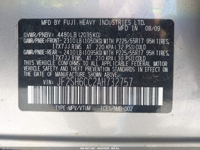 Продаж на аукціоні авто 2010 Subaru Forester 2.5x Premium, vin: JF2SH6CC2AH732757, номер лоту: 46211461