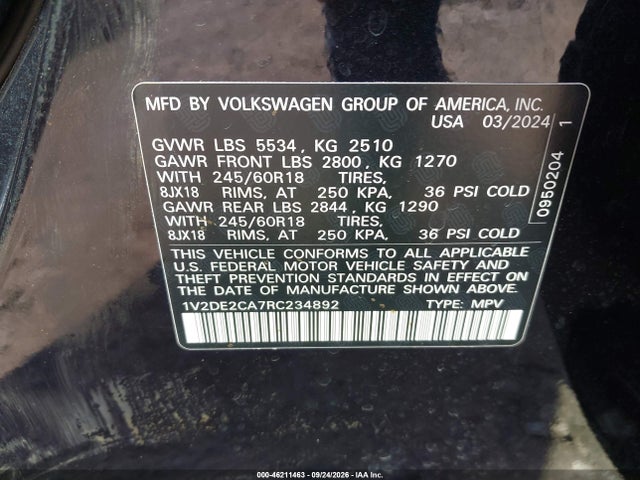 Продажа на аукционе авто 2024 Volkswagen Atlas Cross Sport 2.0t Se, vin: 1V2DE2CA7RC234892, номер лота: 46211463