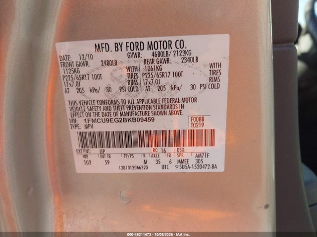 Продажа на аукционе авто 2011 Ford Escape Limited, vin: 1FMCU9EG2BKB09459, номер лота: 46211473