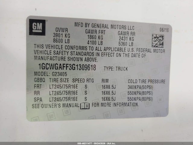 Aukcja sprzedaży 2016 Chevrolet Express 2500 Work Van, vin: 1GCWGAFF3G1309618, numer aukcji: 46211477