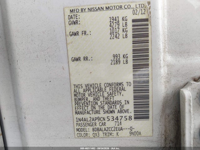 46211482 :رقم المزاد ، 1N4AL2AP9CN534758 vin ، 2012 Nissan Altima 2.5 مزاد بيع