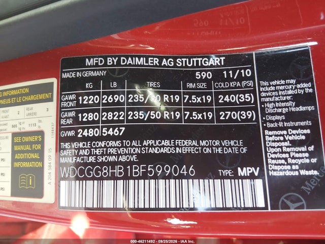 46211492 :رقم المزاد ، WDCGG8HB1BF599046 vin ، 2011 Mercedes-benz Glk 350 4matic مزاد بيع