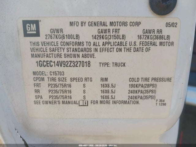 46211505 :رقم المزاد ، 1GCEC14V92Z327018 vin ، 2002 Chevrolet Silverado 1500 Ls مزاد بيع