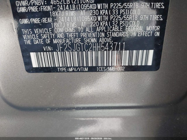 46211519 :رقم المزاد ، JF2SJGTC2HH543711 vin ، 2017 Subaru Forester 2.0xt Touring مزاد بيع