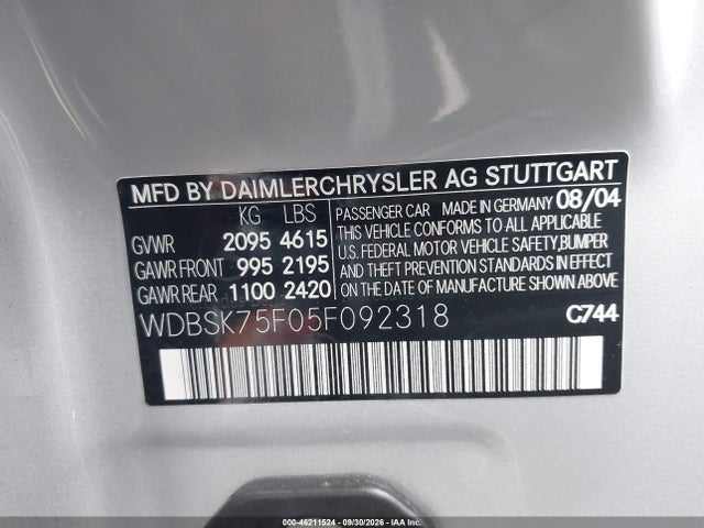 Продажа на аукционе авто 2005 Mercedes-benz Sl 500, vin: WDBSK75F05F092318, номер лота: 46211524