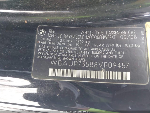 Продаж на аукціоні авто 2008 Bmw 128i, vin: WBAUP73588VF09457, номер лоту: 46211529