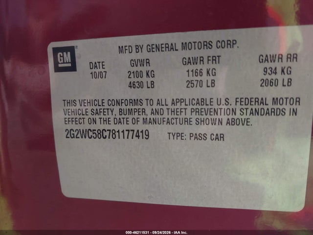 Aukcja sprzedaży 2008 Pontiac Grand Prix Gxp, vin: 2G2WC58C781177419, numer aukcji: 46211531