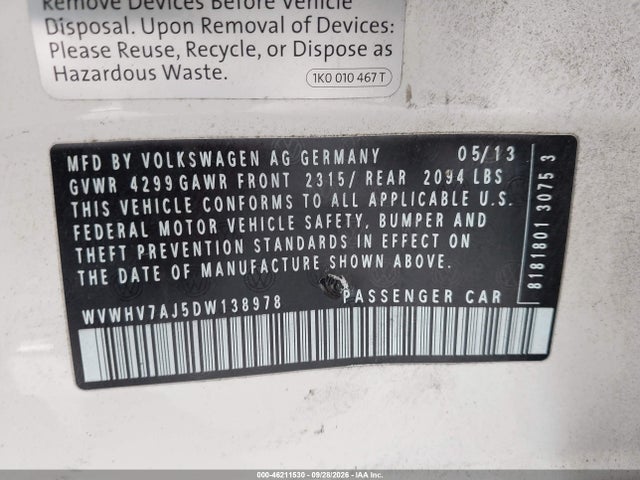 Продаж на аукціоні авто 2013 Volkswagen Gti Drivers Edition, vin: WVWHV7AJ5DW138978, номер лоту: 46211530