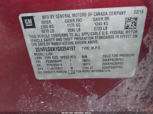 46211550 :رقم المزاد ، 2GNFLGEK1G6254197 vin ، 2016 Chevrolet Equinox Ltz مزاد بيع