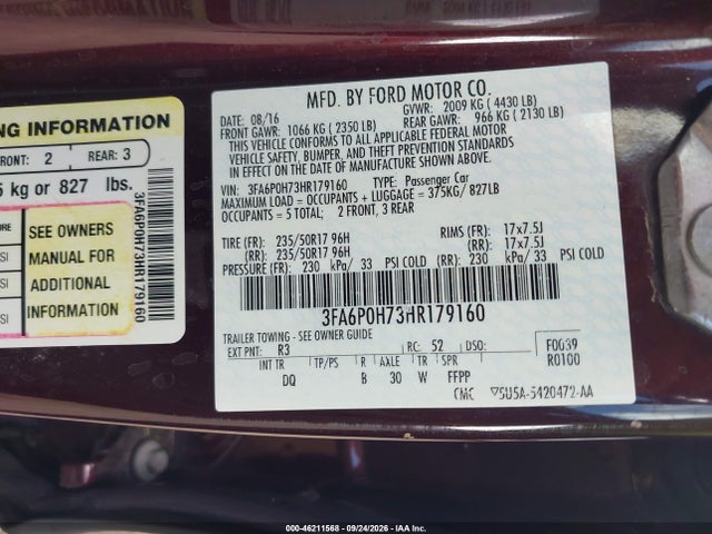 46211568 :رقم المزاد ، 3FA6P0H73HR179160 vin ، 2017 Ford Fusion Se مزاد بيع