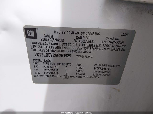 46211576 :رقم المزاد ، 2CTFLDEY2A6251929 vin ، 2010 Gmc Terrain Sle-2 مزاد بيع