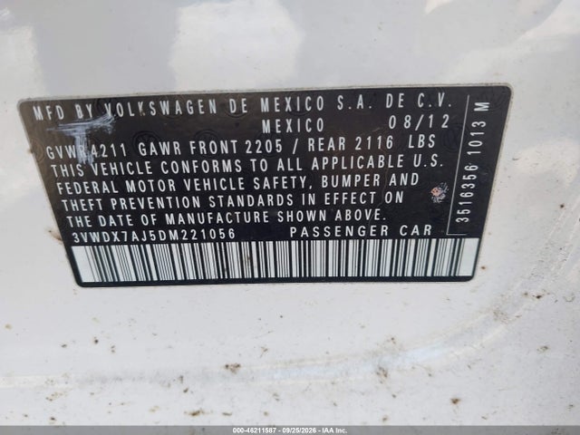 Продажа на аукционе авто 2013 Volkswagen Jetta 2.5l Se, vin: 3VWDX7AJ5DM221056, номер лота: 46211587