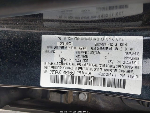 Aukcja sprzedaży 2022 Mazda Mazda3 2.0, vin: 3MZBPAA71NM307569, numer aukcji: 46211590