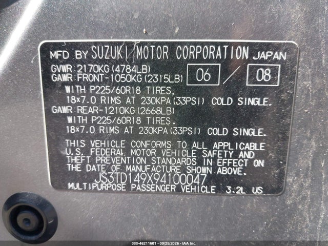 Продаж на аукціоні авто 2009 Suzuki Grand Vitara Luxury V6, vin: JS3TD149X94100047, номер лоту: 46211601