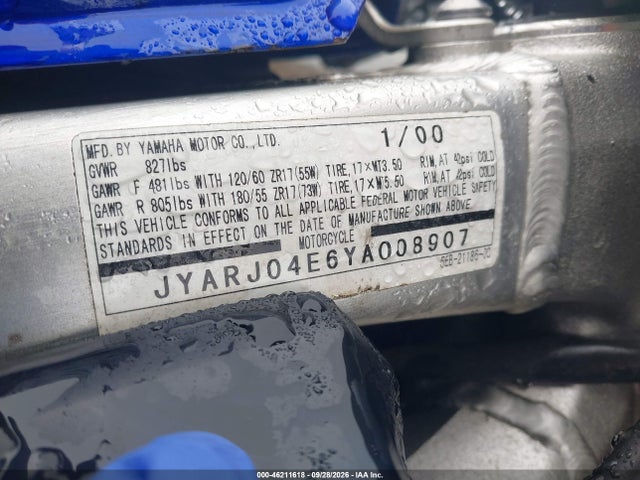 Продаж на аукціоні авто 2000 Yamaha Yzfr6 L, vin: JYARJ04E6YA008907, номер лоту: 46211618