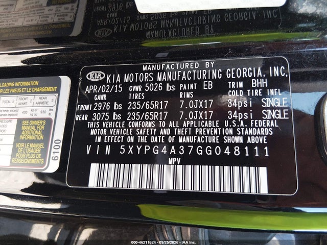 Aukcja sprzedaży 2016 Kia Sorento 2.4l Lx, vin: 5XYPG4A37GG048111, numer aukcji: 46211624