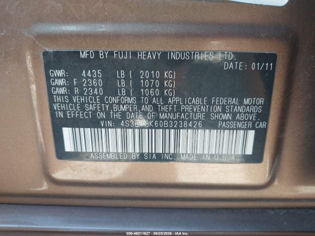Продажа на аукционе авто 2011 Subaru Legacy 2.5i Limited, vin: 4S3BMBK60B3238426, номер лота: 46211627