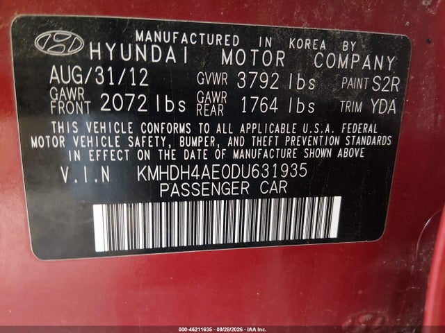 Aukcja sprzedaży 2013 Hyundai Elantra Gls/limited, vin: KMHDH4AE0DU631935, numer aukcji: 46211635
