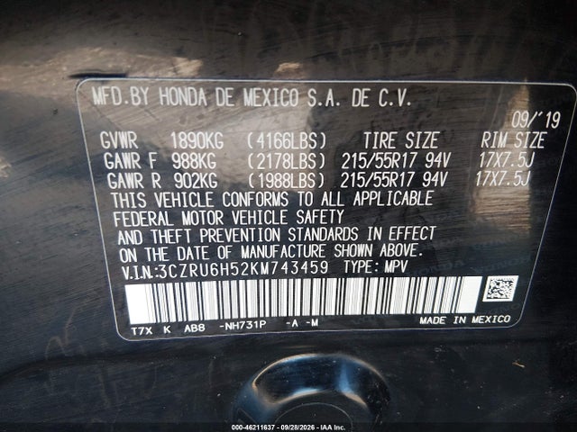 Aukcja sprzedaży 2019 Honda Hr-v Ex, vin: 3CZRU6H52KM743459, numer aukcji: 46211637