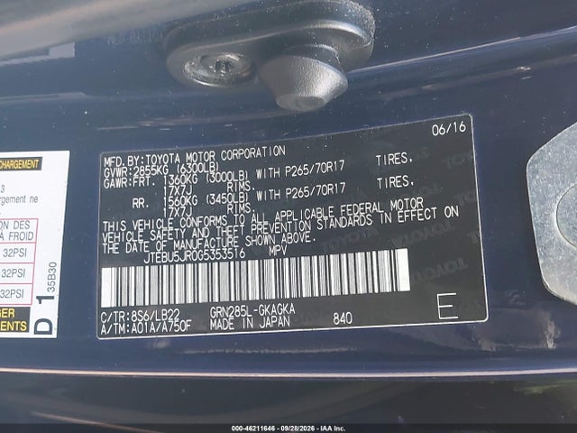 Продаж на аукціоні авто 2016 Toyota 4runner Sr5 Premium, vin: JTEBU5JR0G5353516, номер лоту: 46211646